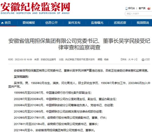 安徽省信用担保集团党委书记 董事长吴学民被查
